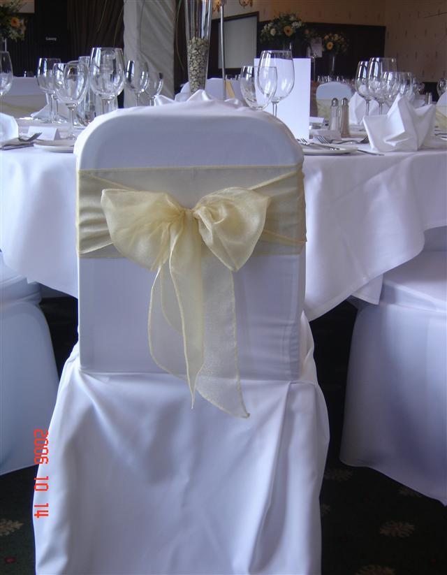 White Chair Covers with Cream Bows